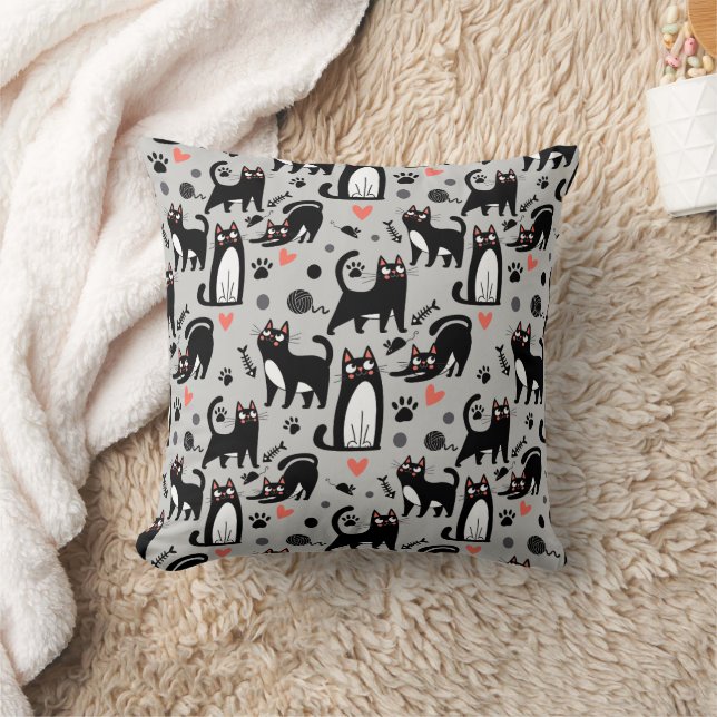 Cute Black Cat Seamless Pattern On A Light Grey Cushion (Blanket)