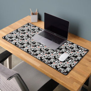Cute Black Cat Seamless Pattern On A Light Grey Desk Mat