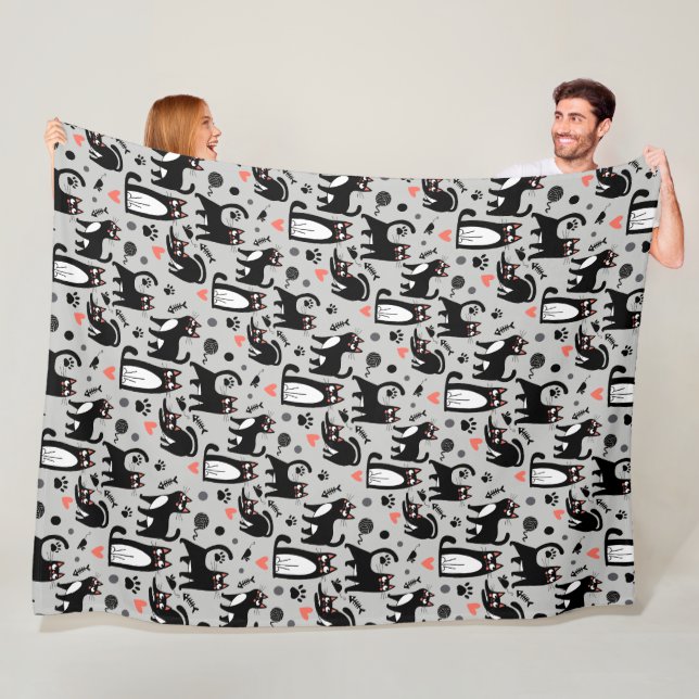 Cute Black Cat Seamless Pattern On A Light Grey Fleece Blanket (In Situ)