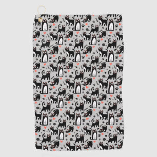 Cute Black Cat Seamless Pattern On A Light Grey Golf Towel