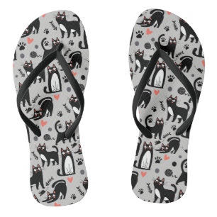 Cute Black Cat Seamless Pattern On A Light Grey Jandals