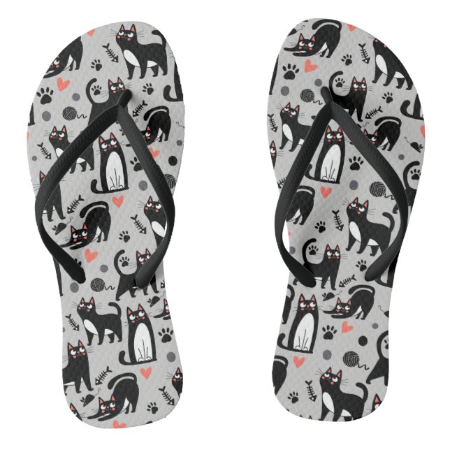 Cute Black Cat Seamless Pattern On A Light Grey Jandals (Footbed)