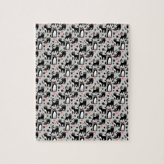 Cute Black Cat Seamless Pattern On A Light Grey Jigsaw Puzzle (Vertical)