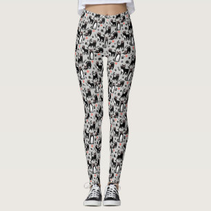 Cute Black Cat Seamless Pattern On A Light Grey Leggings