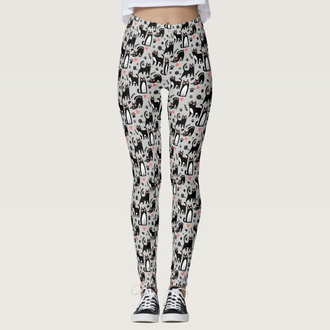 Cute Black Cat Seamless Pattern On A Light Grey Leggings (Front)