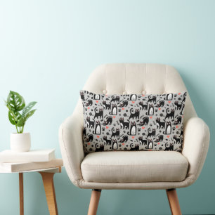 Cute Black Cat Seamless Pattern On A Light Grey Lumbar Cushion