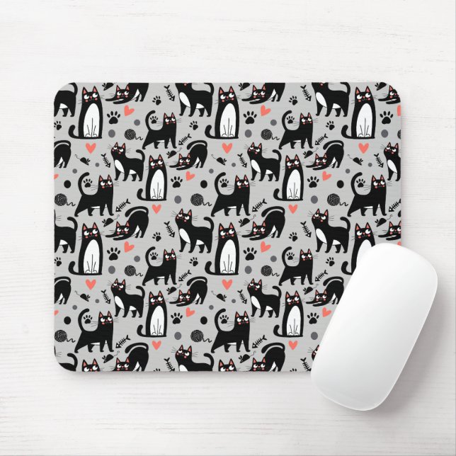 Cute Black Cat Seamless Pattern On A Light Grey Mouse Pad (With Mouse)