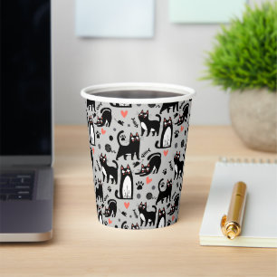 Cute Black Cat Seamless Pattern On A Light Grey Paper Cups
