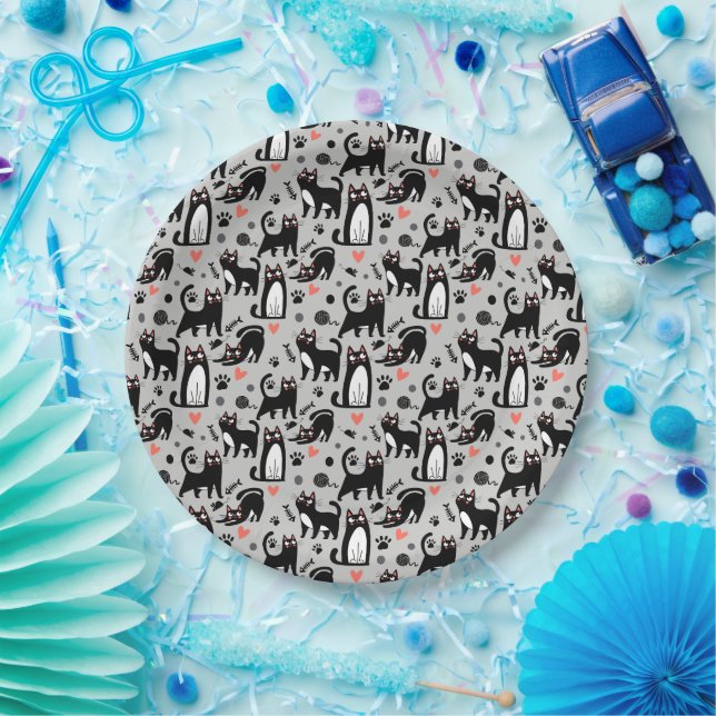 Cute Black Cat Seamless Pattern On A Light Grey Paper Plate (Party)