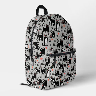Cute Black Cat Seamless Pattern On A Light Grey Printed Backpack