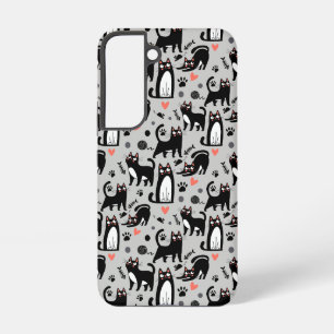 Cute Black Cat Seamless Pattern On A Light Grey Samsung Galaxy Case