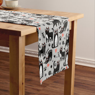 Cute Black Cat Seamless Pattern On A Light Grey Short Table Runner