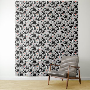 Cute Black Cat Seamless Pattern On A Light Grey Tapestry