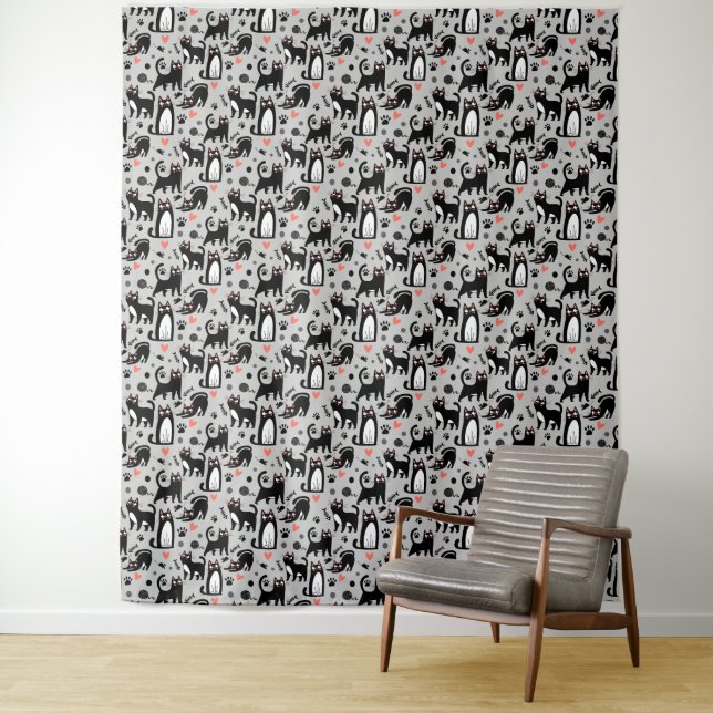 Cute Black Cat Seamless Pattern On A Light Grey Tapestry (In Situ)