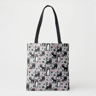 Cute Black Cat Seamless Pattern On A Light Grey Tote Bag