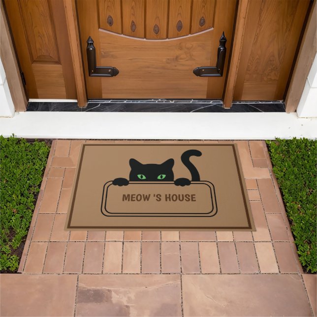 Cute Black CAT Sign House custom name Doormat (Outdoor)