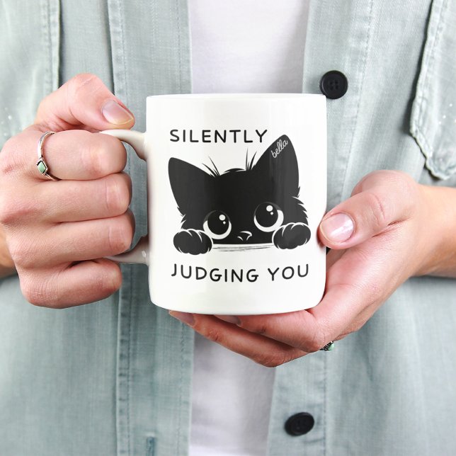 Cute Black Cat Silently Judging You Personalised Two-Tone Coffee Mug (Creator Uploaded)