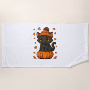 Cute Black Cat Sitting on Pumpkin Fall Aesthetic A Beach Towel