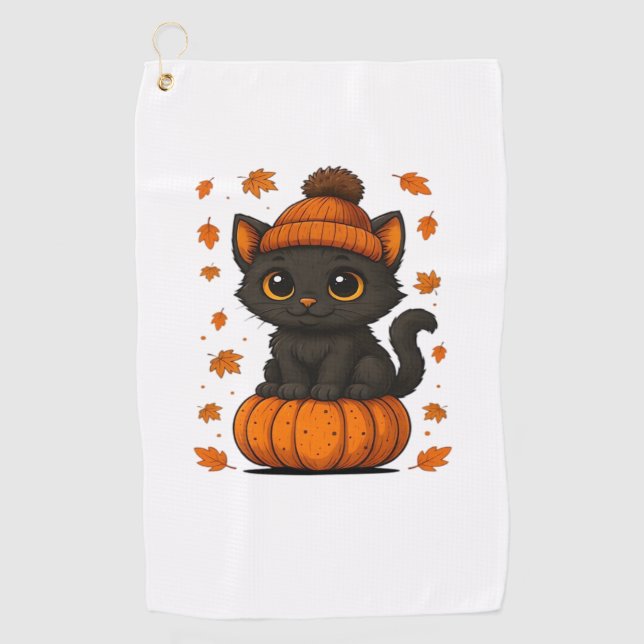 Cute Black Cat Sitting on Pumpkin Fall Aesthetic A Golf Towel (Front)