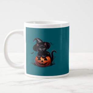 Cute Black Cat Sitting on Pumpkin Halloween T-Shir Large Coffee Mug