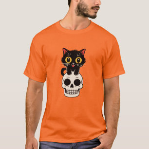 Cute Black Cat Sitting on Skull Halloween T-Shirt