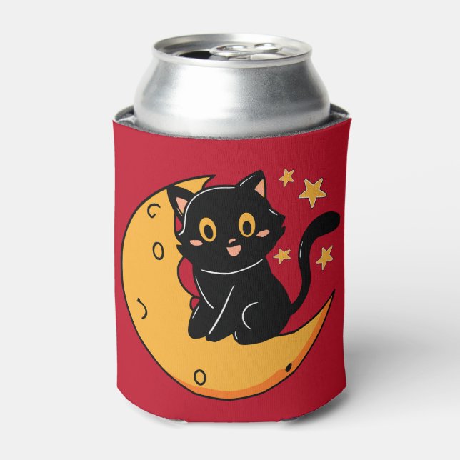 Cute black cat sitting on the moon can cooler (Can Front)