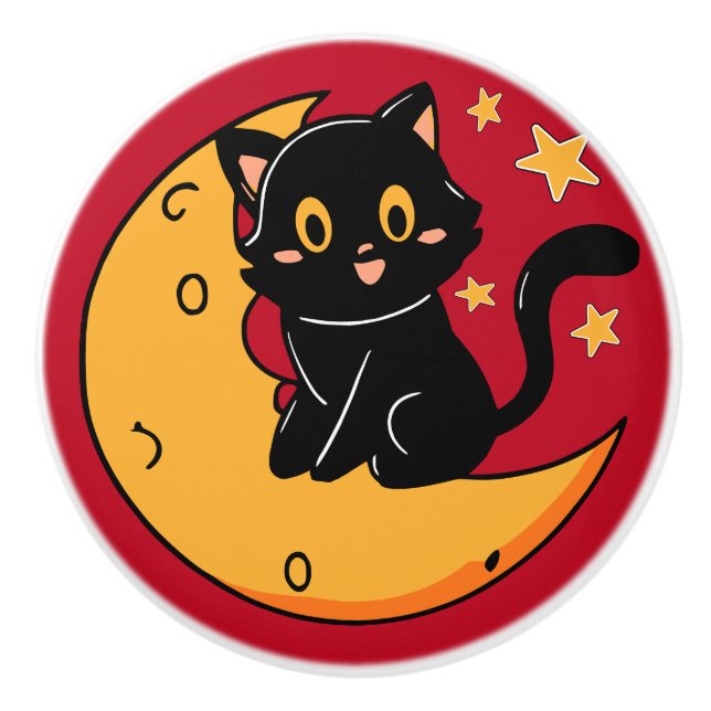 Cute black cat sitting on the moon ceramic knob (Front)