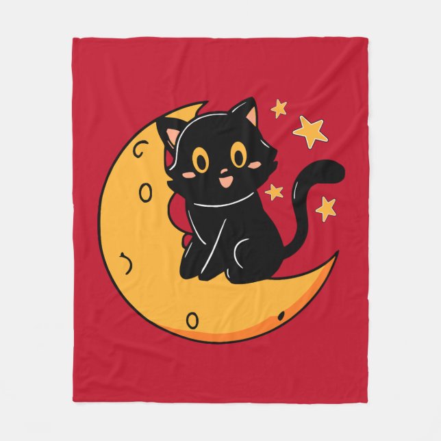 Cute black cat sitting on the moon fleece blanket (Front)