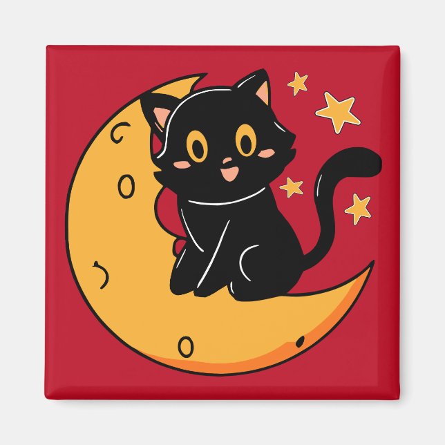 Cute black cat sitting on the moon magnet (Front)