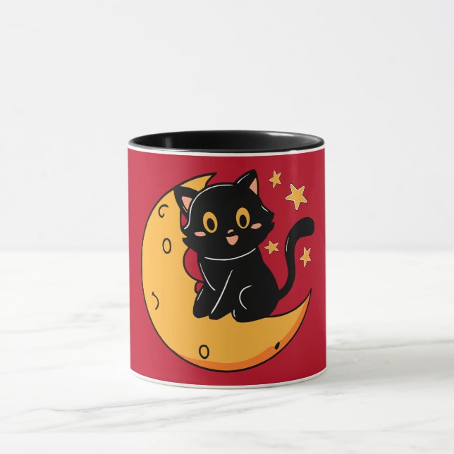 Cute black cat sitting on the moon mug (Center)
