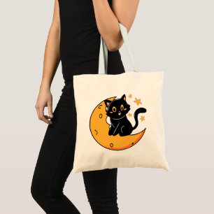 Cute black cat sitting on the moon tote bag