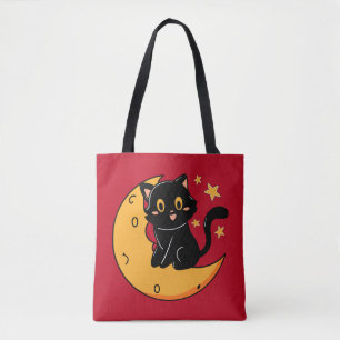 Cute black cat sitting on the moon tote bag