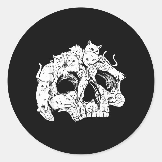 Cute Black Cat Skull Kitty Skeleton Scary Classic Round Sticker (Front)
