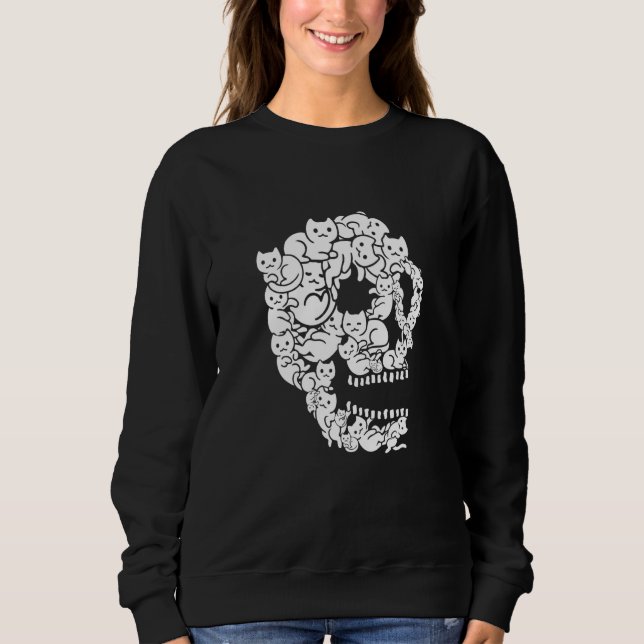 Cute Black Cat Skull Kitty Skeleton Scary Hallowee Sweatshirt (Front)