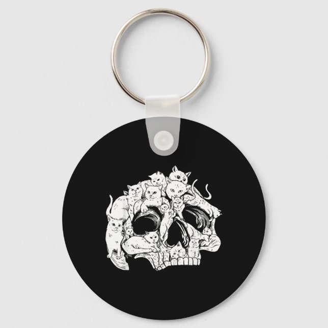 Cute Black Cat Skull Kitty Skeleton Scary Key Ring (Front)