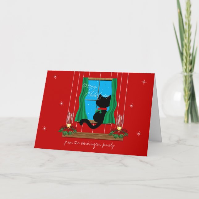 Cute Black Cat Snowy Window Merry Christmas Card (Front)