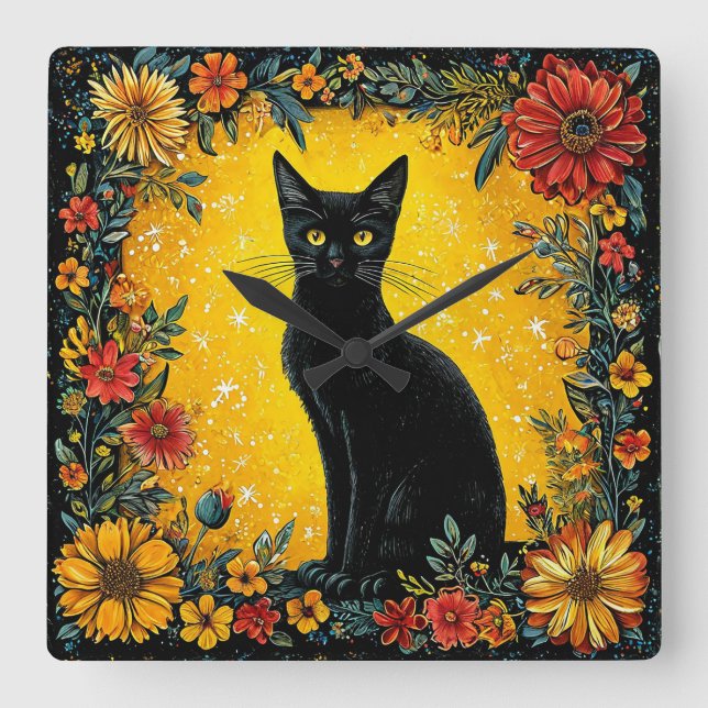 Cute black cat square wall clock (Front)