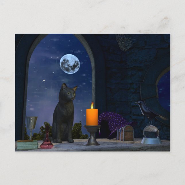 Cute Black Cat Staring at a Candle Postcard (Front)