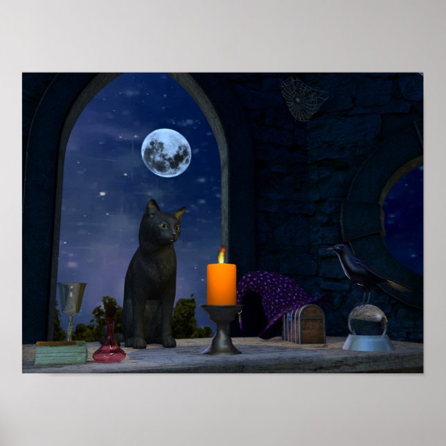 Cute Black Cat Staring at a Candle Poster (Front)