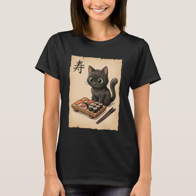 Cute Black Cat Sushi Cartoon Japanese Kawaii Anime T-Shirt (Front)