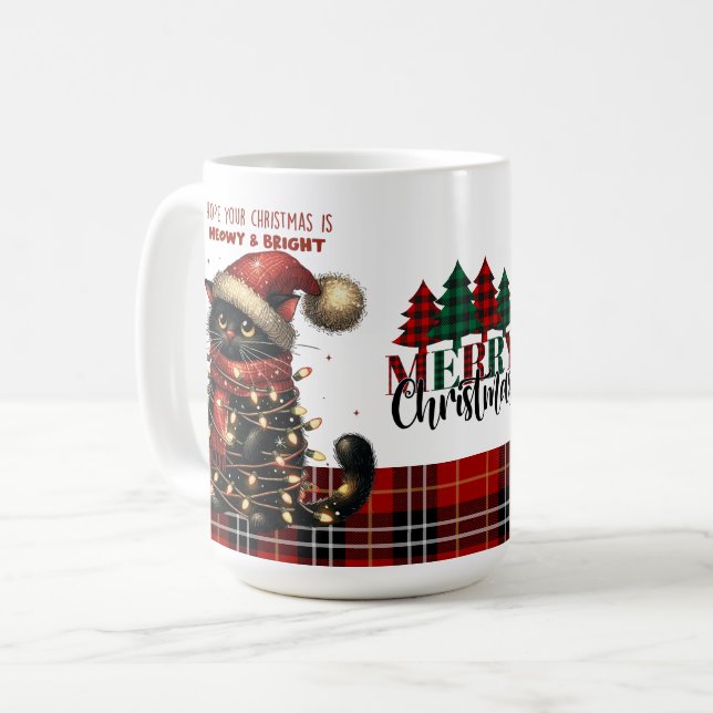 Cute Black Cat Tangled in Christmas Lights  Coffee Mug (Front Left)
