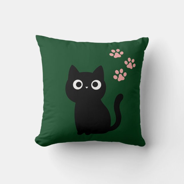 Cute Black Cat Throw Pillow | Dark Green Kawaii De (Front)