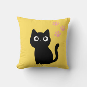 Cute Black Cat Throw Pillow   Kawaii Yellow Decora