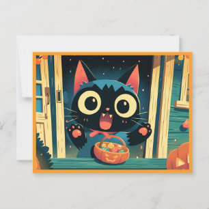 Cute Black Cat Trick or Treat Halloween Postcard