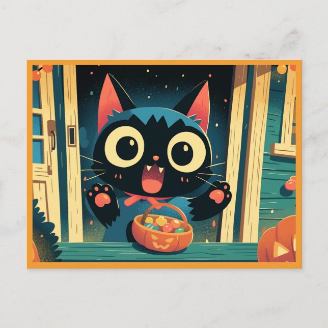 Cute Black Cat Trick or Treat Halloween Postcard (Front)