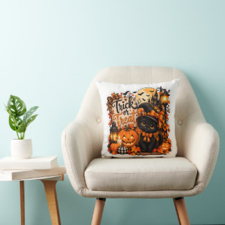 Cute Black Cat Trick or Treat Halloween Pumpkin De Cushion