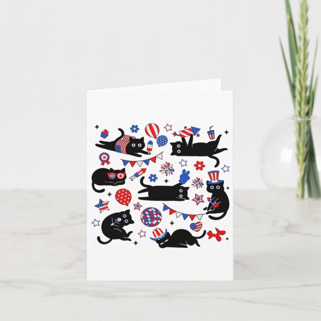Cute Black Cat Usa Flag Firework Patriotic 4th Of  Card (Front)