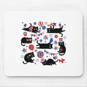 Cute Black Cat Usa Flag Firework Patriotic 4th Of  Mouse Pad