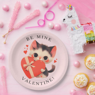 Cute Black Cat Vintage Be Mine Valentine Paper Plate