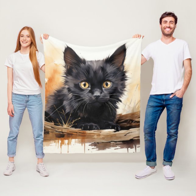 Cute Black Cat Watercolor Art Fleece Blanket (In Situ)
